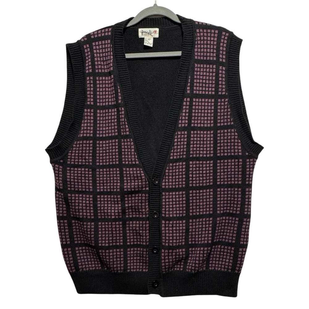 Pringle of Scotland Vintage Grandpa 4 Button Sweater Vest Black Lavender Size XL